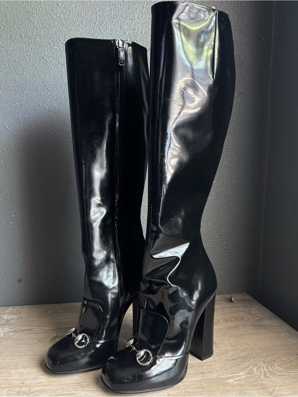 gucci Knee High Patent Leather boots women Black Sz 37.5